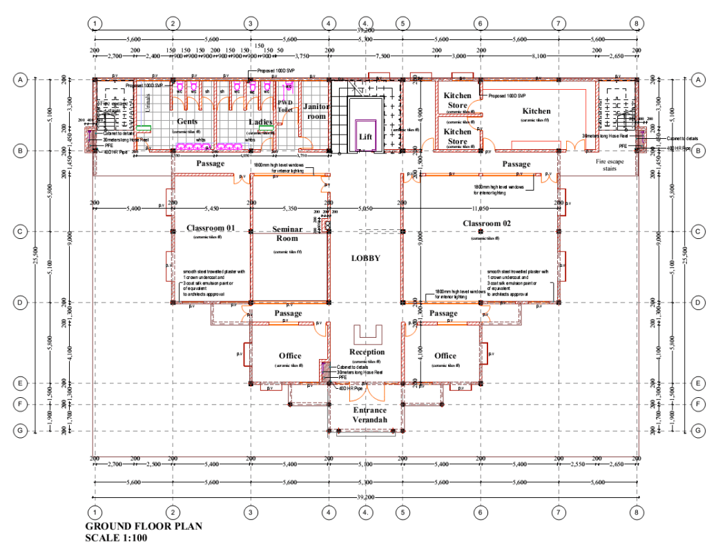Ground floor plan showing classrooms, seminar room, lobby, reception, offices, kitchen, sanitary facilities, lift core, passages, and fire escape stairs in a multi-storey institutional building.