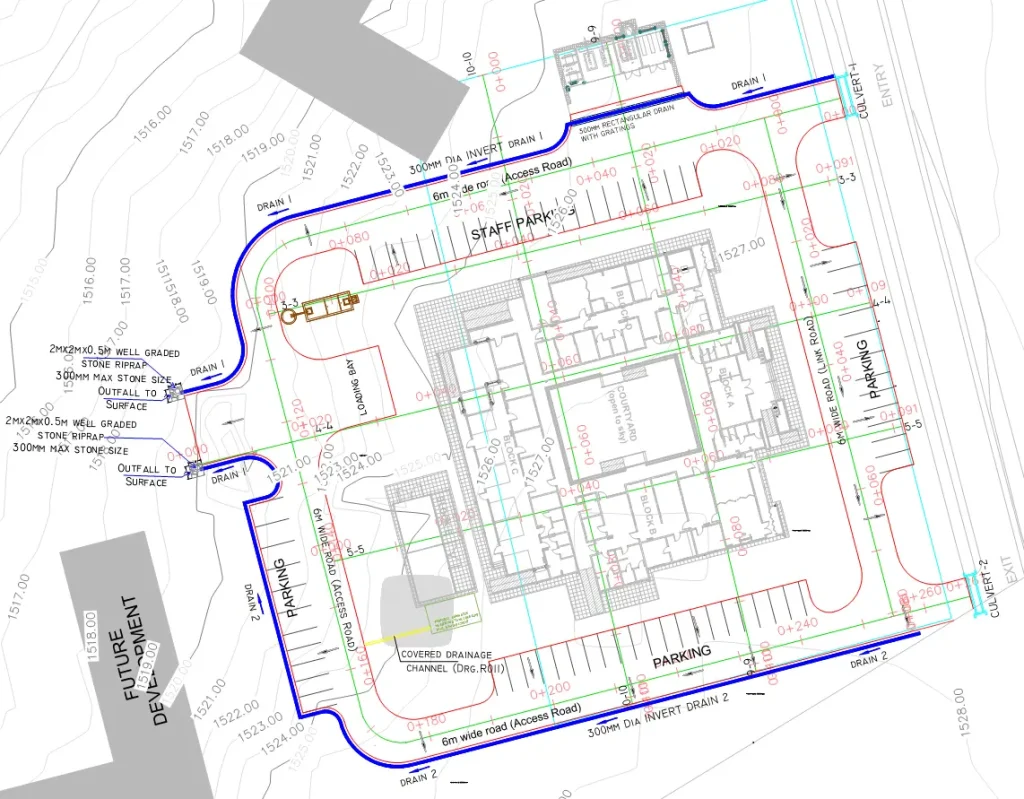 Driveway and parking layout showing internal access roads, parking bays, site grading, and storm water drainage design for a sloping healthcare facility site in Juja, Kiambu County, Kenya.