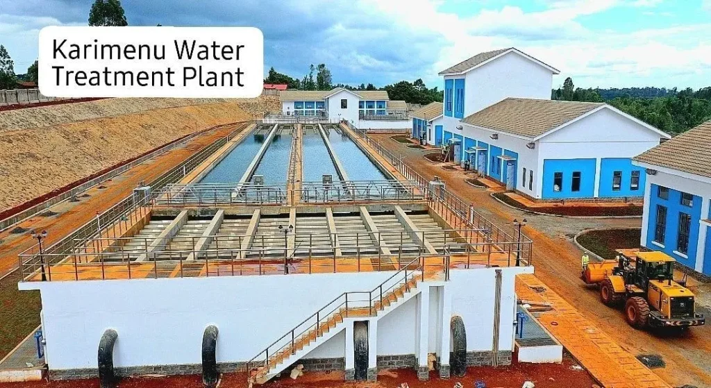 Water treatment plant structures at Karimenu II project including sedimentation tanks, filters, and clear water storage facilities under structural engineering supervision.