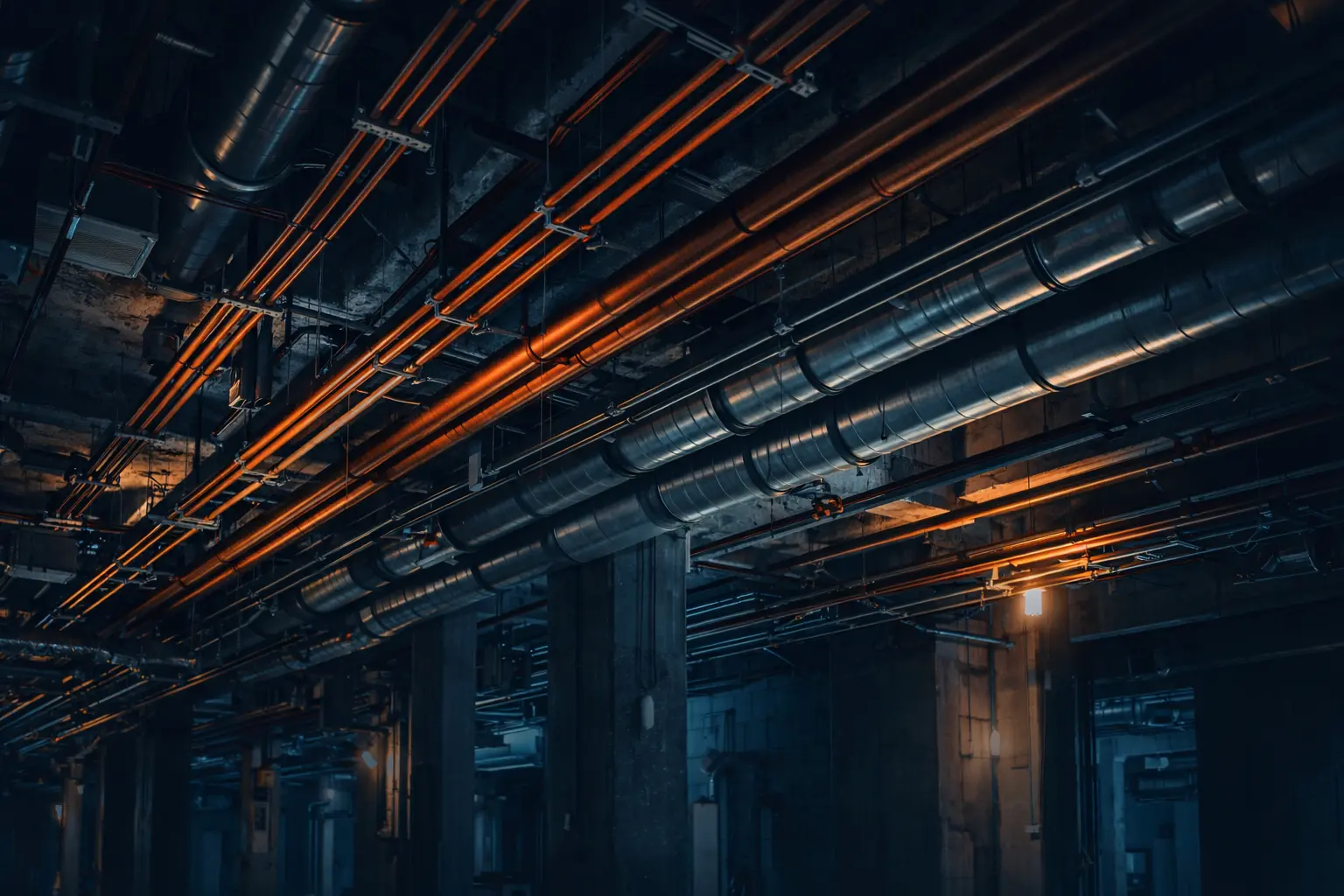 Mechanical electrical plumbing MEP systems installation showing ducts, copper pipes and electrical conduits inside a building ceiling
