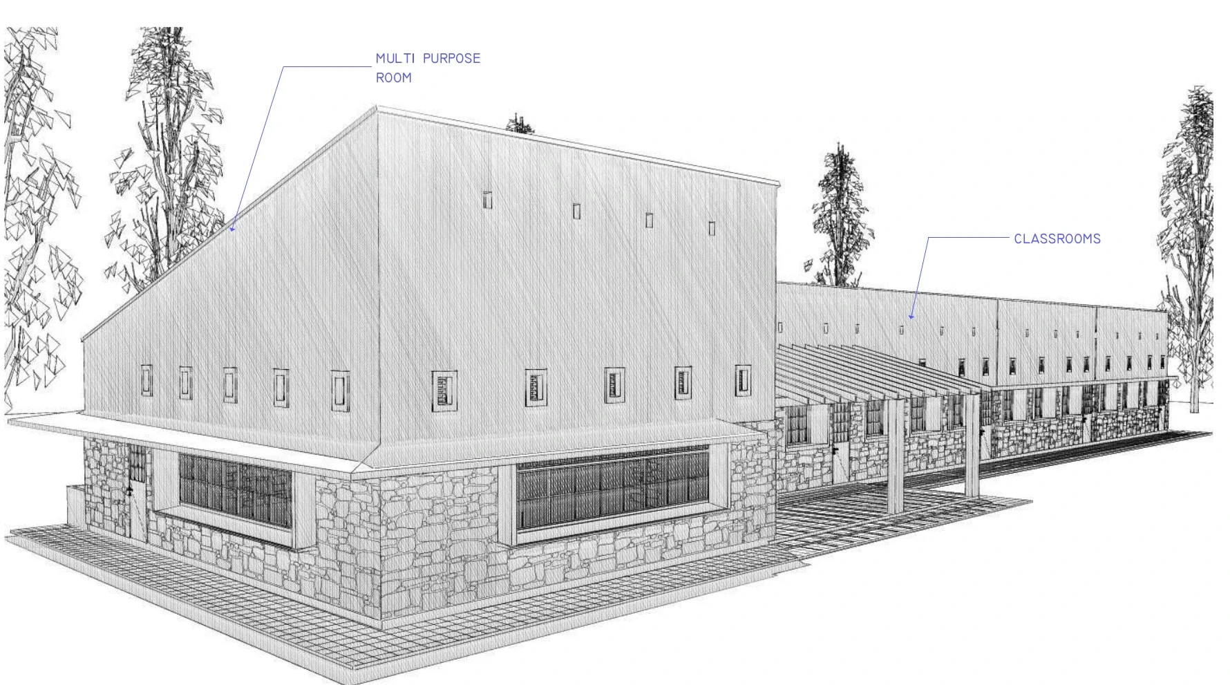 Architectural perspective view of Ngundu Primary School showing the multi-purpose hall and classroom block designed as part of a KOICA-funded infrastructure upgrade in Ruai, Nairobi County.