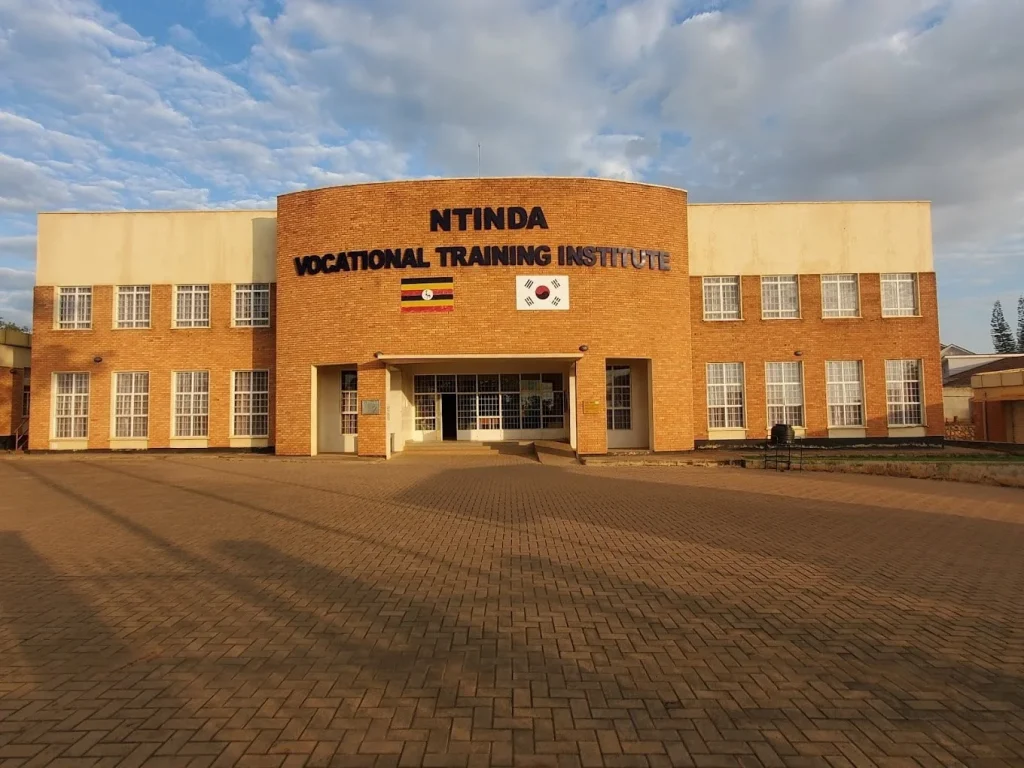 Front elevation of the Ntinda Vocational Training Institute main building in Kampala, Uganda, a KOICA-funded vocational education facility designed and supervised by civil and structural engineers.