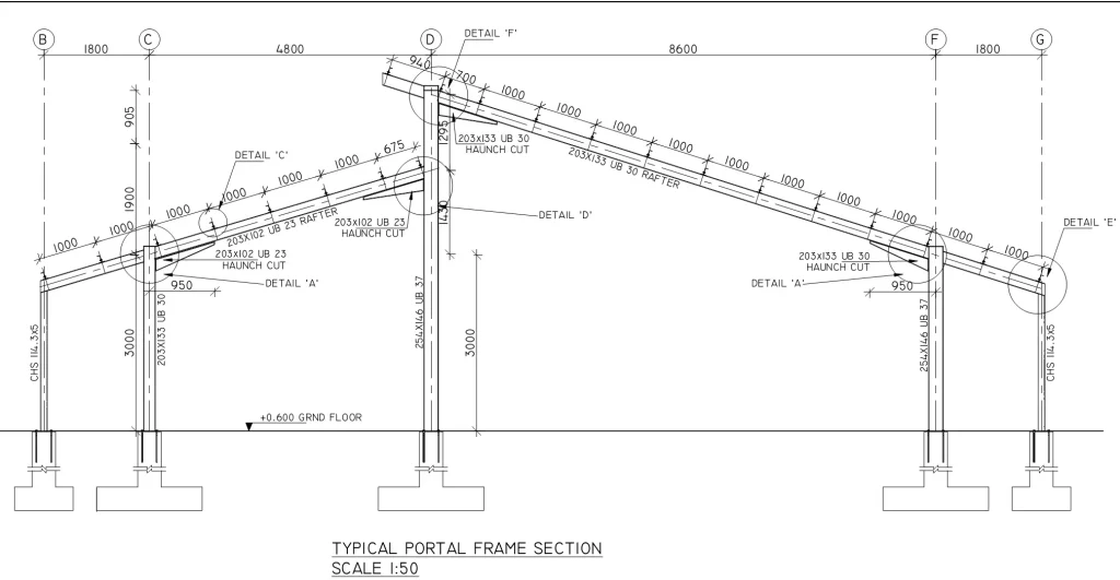 Typical steel portal frame section showing column bases, rafters, haunch connections, foundation details, and structural dimensions.