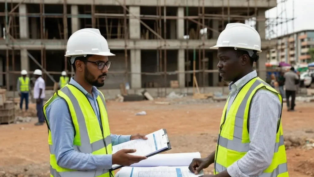 Two Kenyan professionals in hard hats and safety vests discussing blueprints on a construction site in Kenya, with a partially built building and scaffolding in the background, highlighting role clarity and coordination in the built environment.