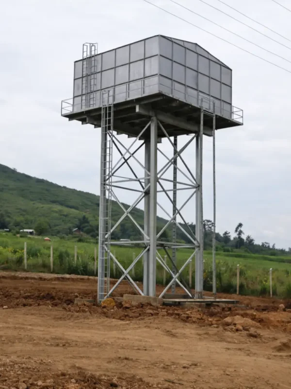 Elevated steel water tank for rural water supply in Kenya supported on steel tower structure