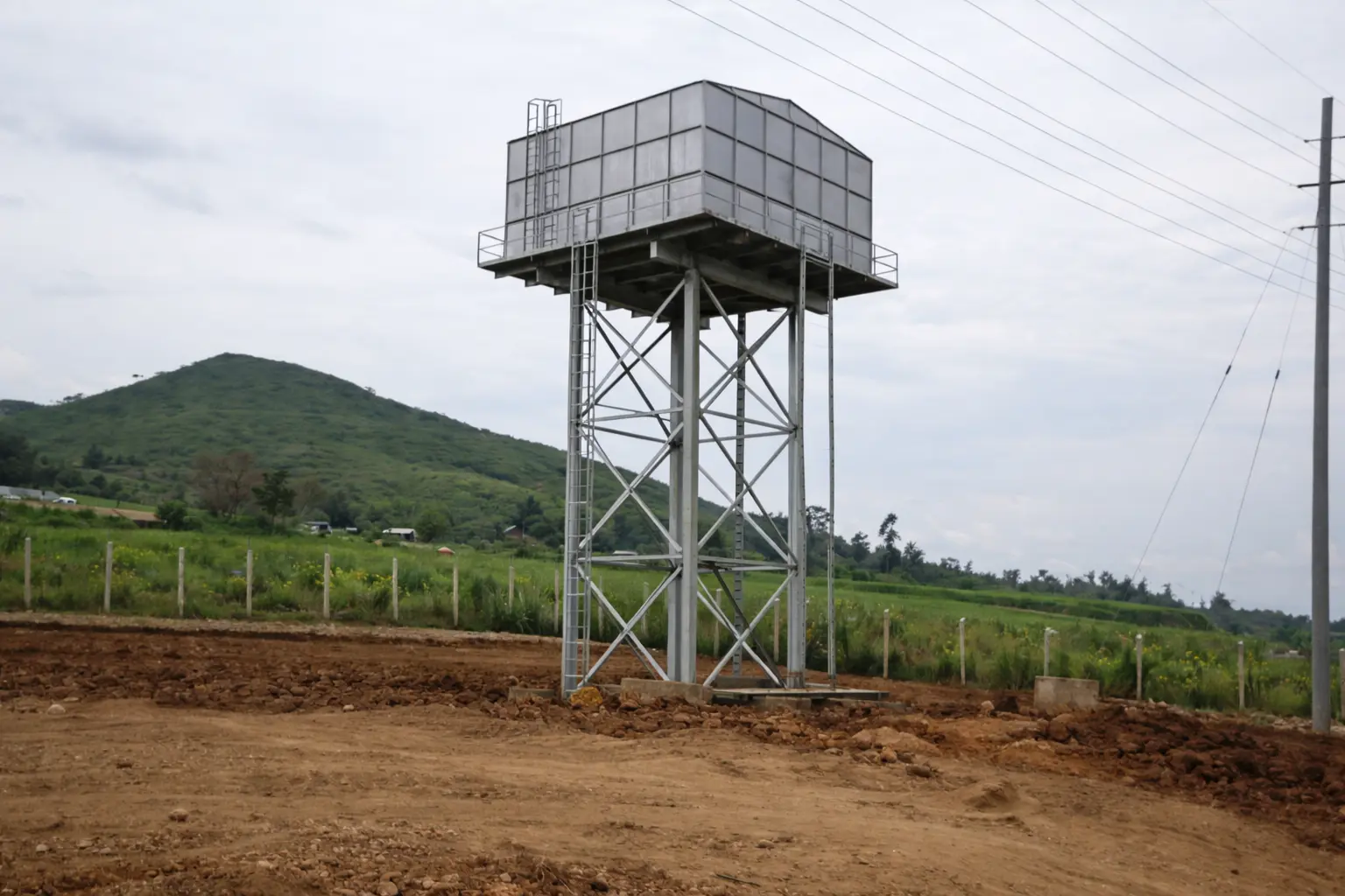 Elevated steel water tank for rural water supply in Kenya supported on steel tower structure