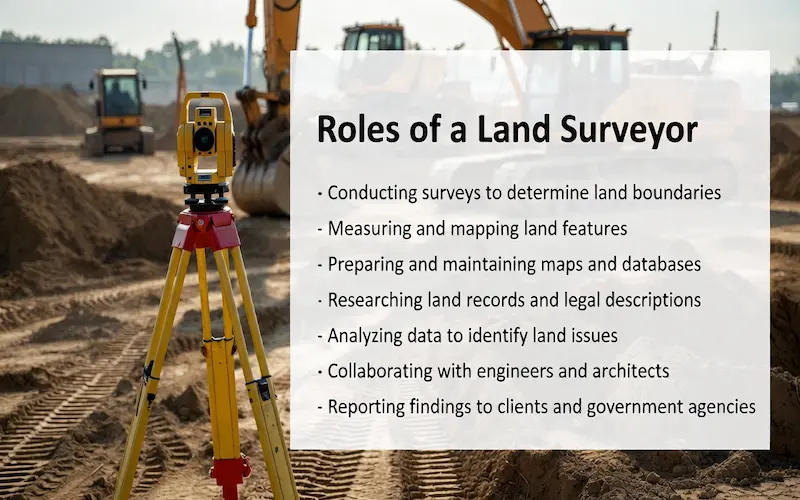 Roles of a land surveyor in Kenya construction projects: boundary surveys, mapping land features, and collaboration with engineers on a site