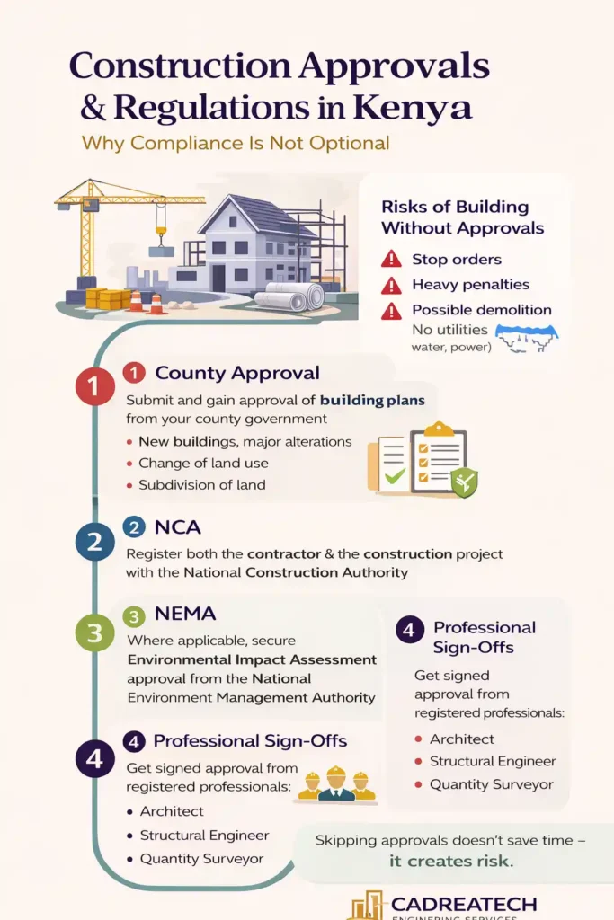 construction approvals in Kenya infographic showing county building permits NCA registration and NEMA environmental approval