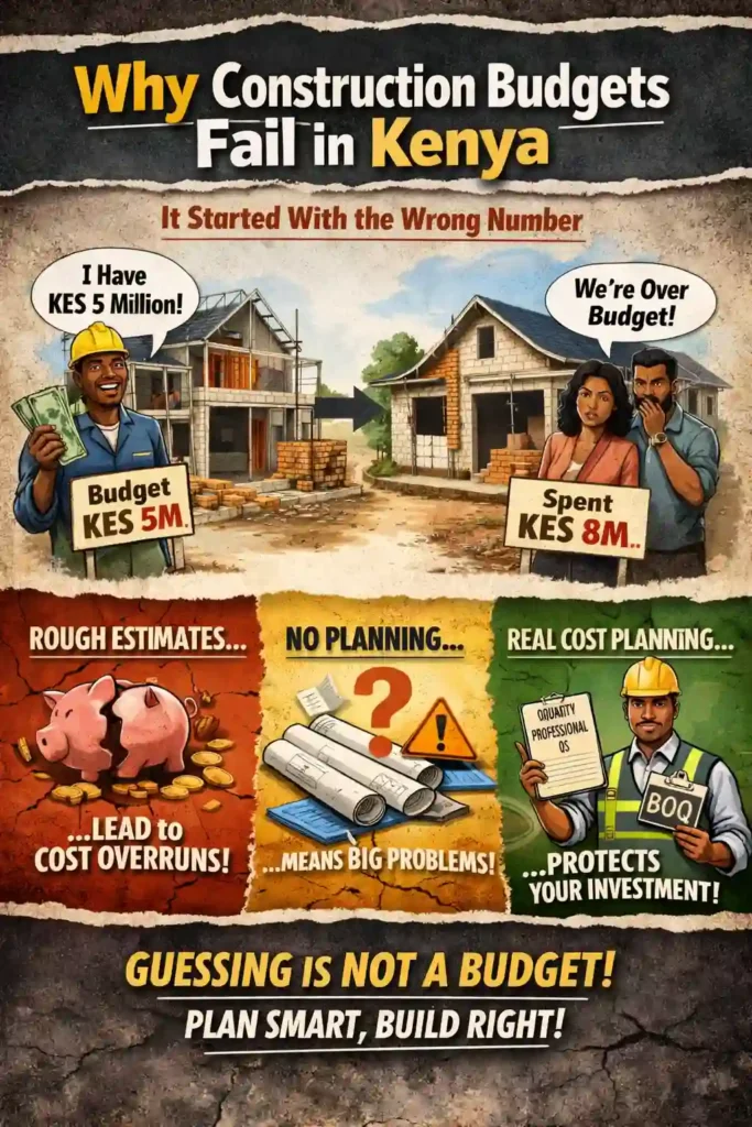 Construction budget planning in Kenya infographic explaining estimates vs budgets, scope creep, and hidden construction costs
