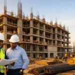 Senior engineer reviewing construction drawings on an active building site in Kenya – Cadreatech Engineering Services
