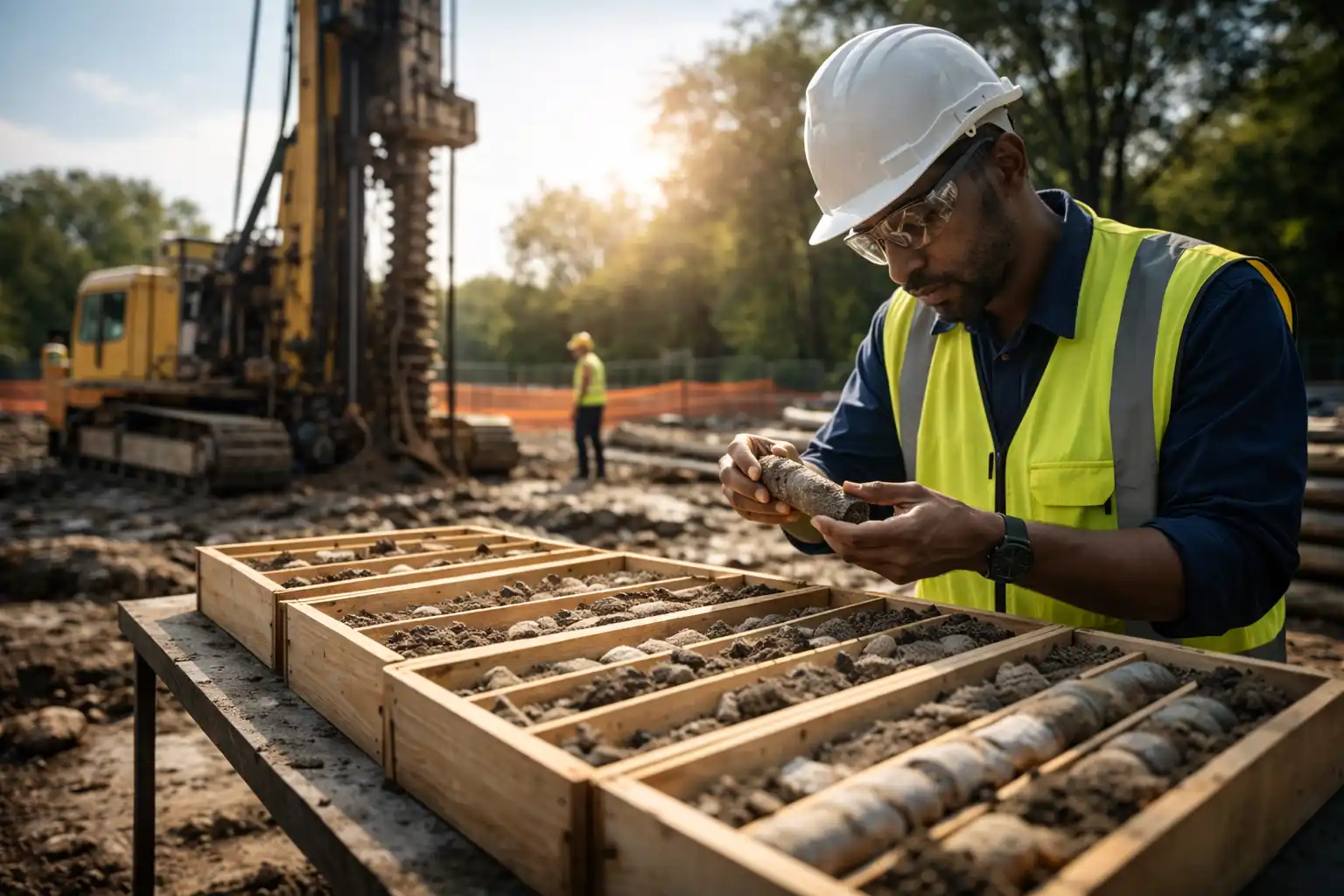Geotechnical engineer examining soil sample from borehole during site investigation in Kenya — Cadreatech Engineering Services