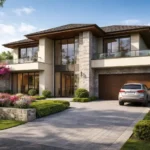 Photorealistic exterior render of a modern 4-bedroom double-storey villa in Nairobi Kenya with stone cladding, large glass windows and landscaped garden