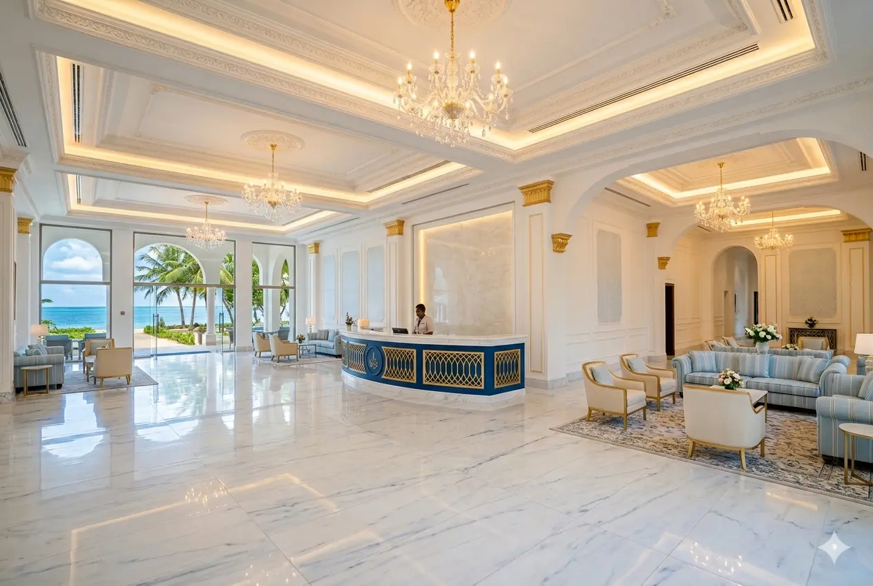 A high-end luxury beach hotel lobby in Diani, Kenya, featuring a text-free blue and gold reception desk, ornate coffers ceiling with crystal chandeliers, and expansive window arches overlooking the Indian Ocean, by Cadreatech.